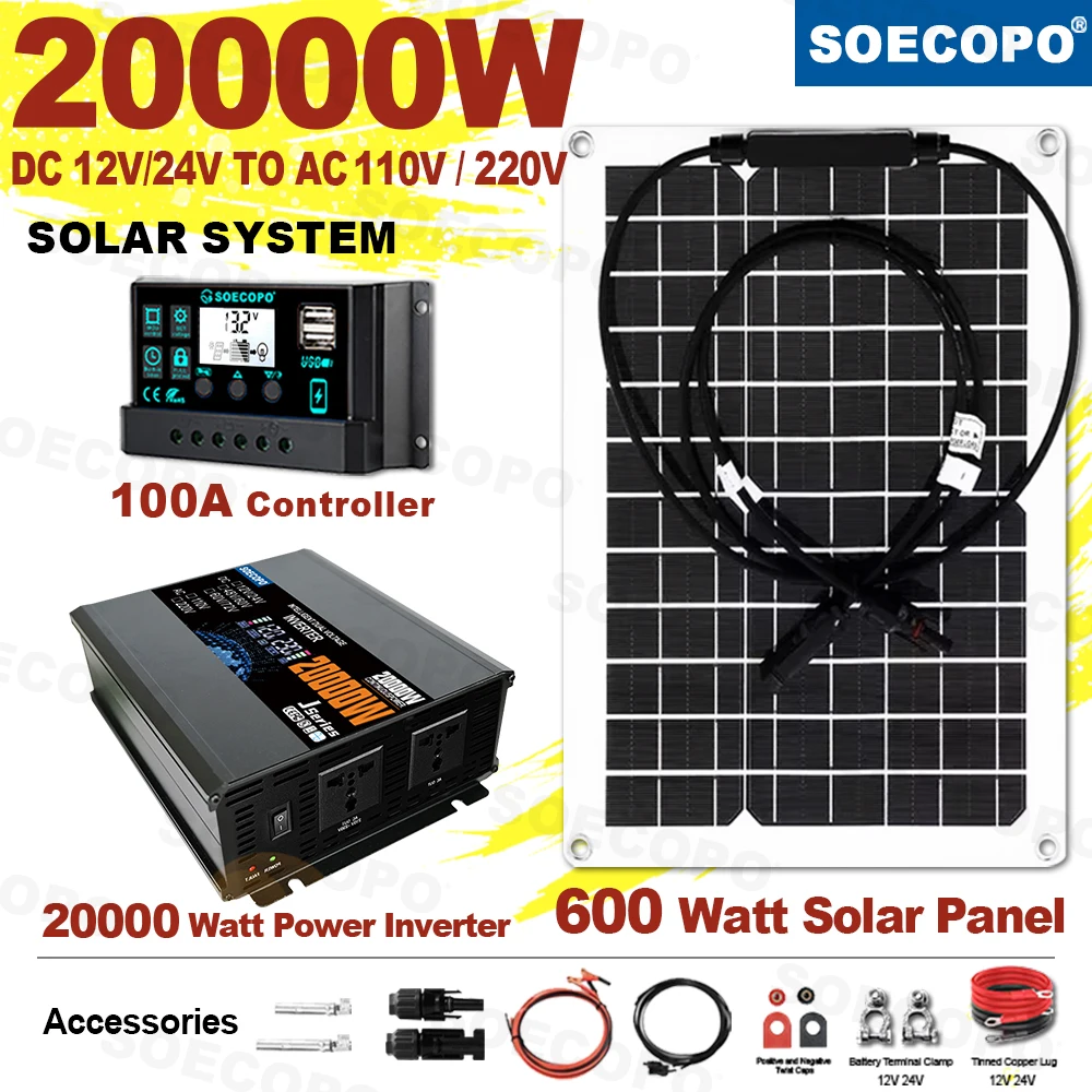 Flexible Panel Solar Kit generator 20000W Peak 1600W Rated 220V 110V Inverter 100A Controller for Fish Cellphones RV Camp Boat