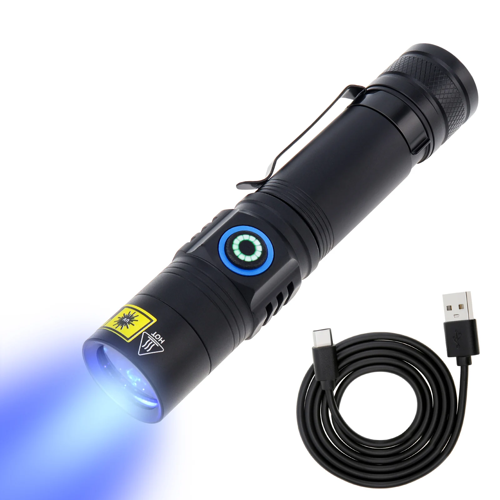 Y22 10W 365nm Rechargeable UV Flashlight for Pet Urine Detection / Resin Curing / Stains with USB-C, Pen Clip, LED Black Light