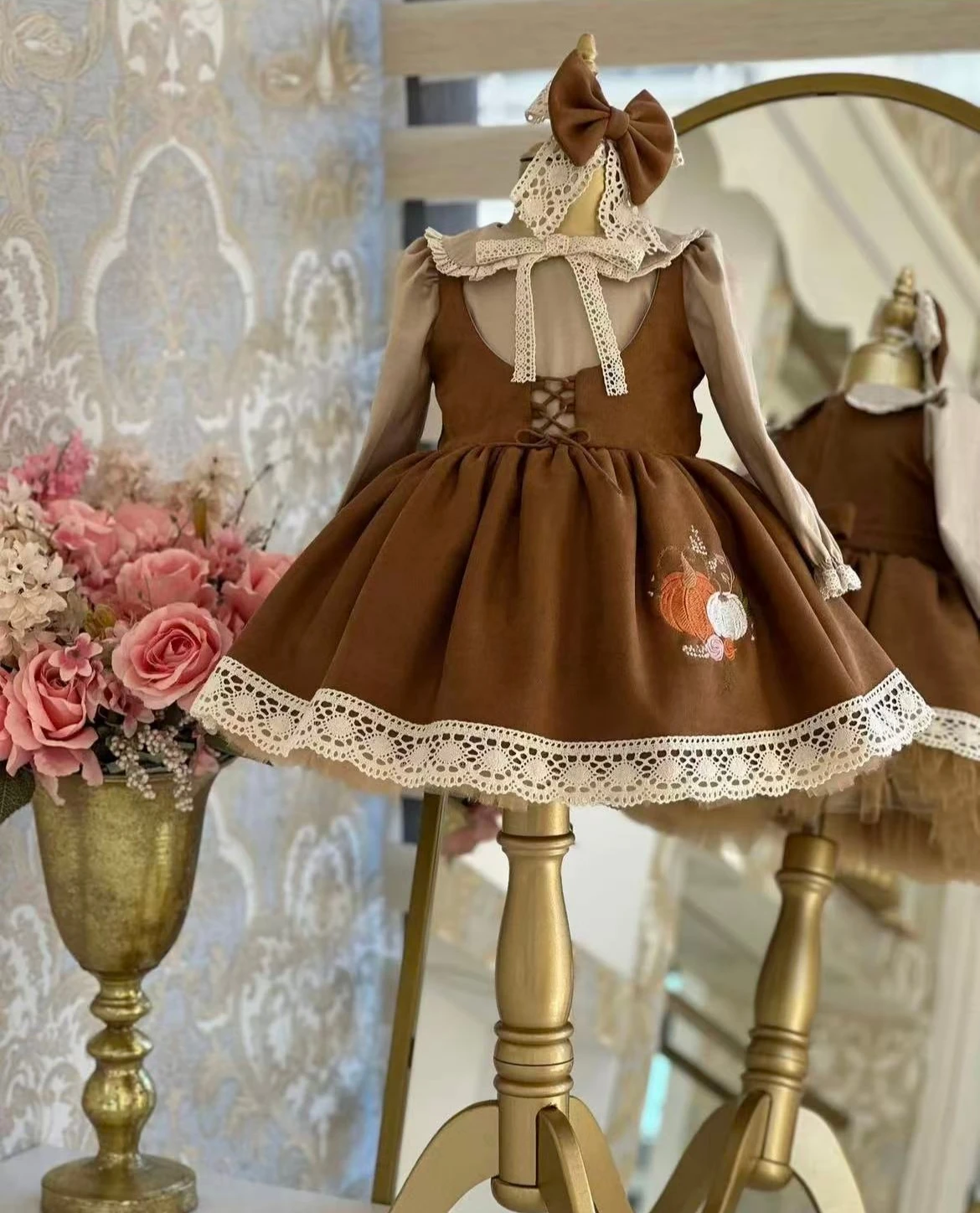 

0-12Y Baby Girl Autumn Pumpkin Embroidery Vintage Princess Brown Dress With Hair Bow for Birthday Photography Holiday Eid C209