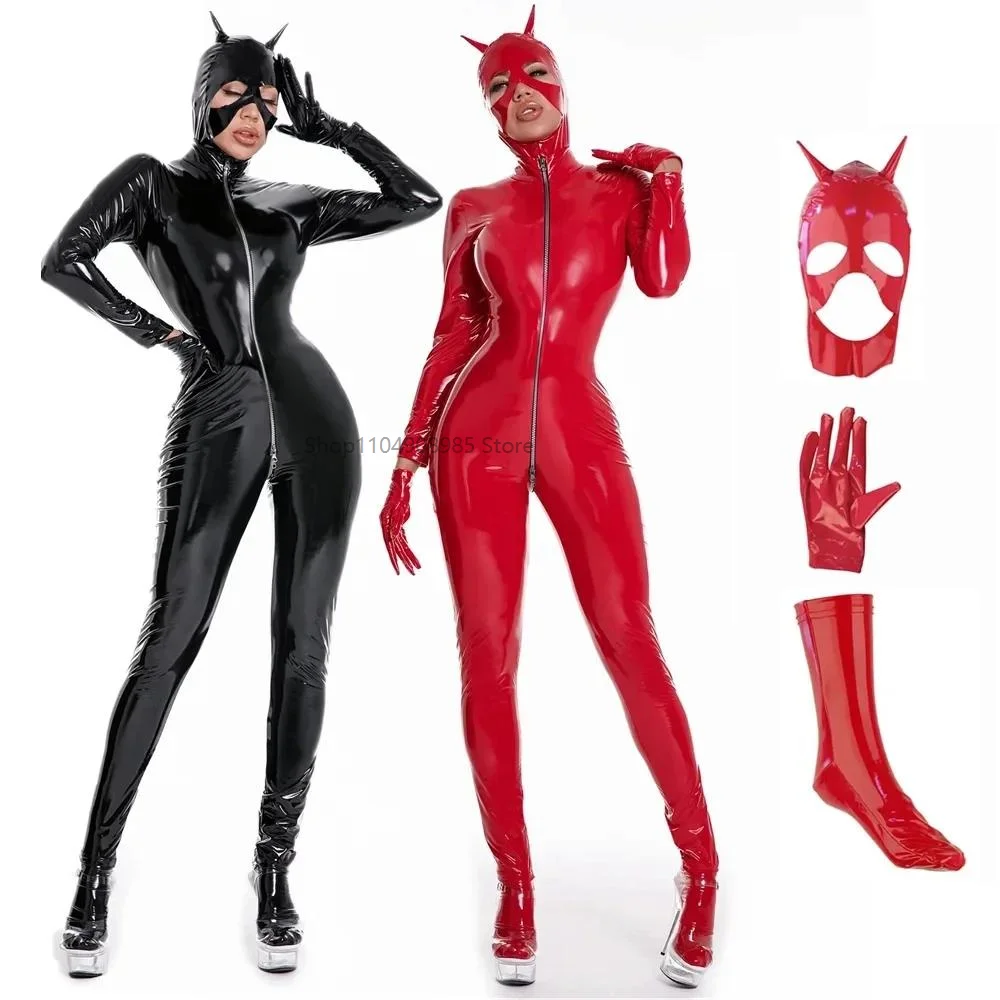 

Long Sleeve Zip Open Crotch Bodysuit Women Shiny PU Faux Sexy Look Suit Leather Jumpsuits Latex Catsuit Wet Clubwear