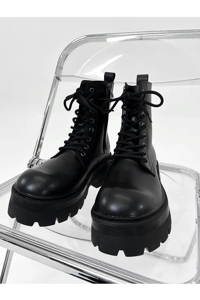 

Black Wedges Platform mid Calf Boots for Men/Women Lace-Up Motorcycle Style with Side Zipper round Toe Leather Plush Lining Snow