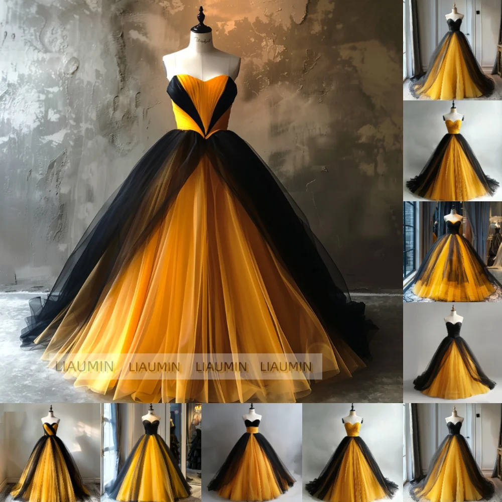 Sur mesure Jaune Noir Tulle Sans Bretelles Une Ligne Book ine Longueur Bal De Mariage Robe Formelle Pour Soirée À Lacets Dos Personnalisé Fait À La Main A1-18