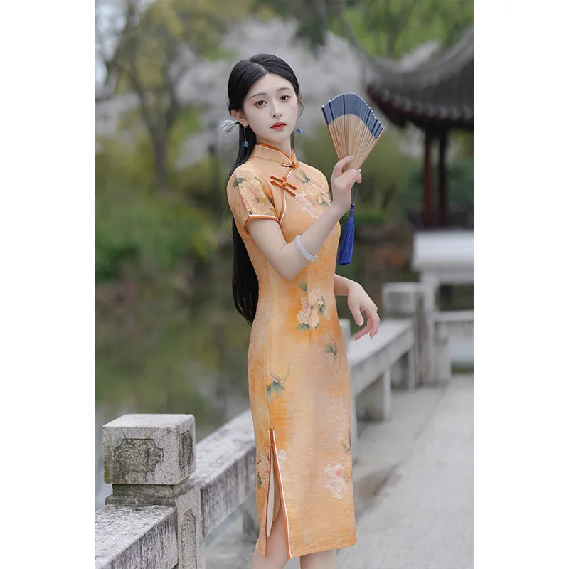 Elegant Women Print Flower Wedding Dress Oriental Bride Mandarin Collar Evening Qipao Short Sleeve Cheongsam