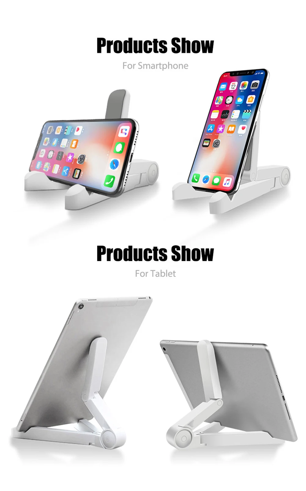 white foldable phone and tablet stand made of durable material with adjustable desktop mount for versatile use.