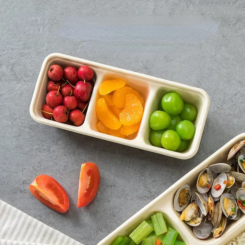 Disposable Three Grid Pulp Lunch Box Rectangular Eco-friendly Takeout Boxs with Lid Fruit Lunch Dessert Packaging Cover Box