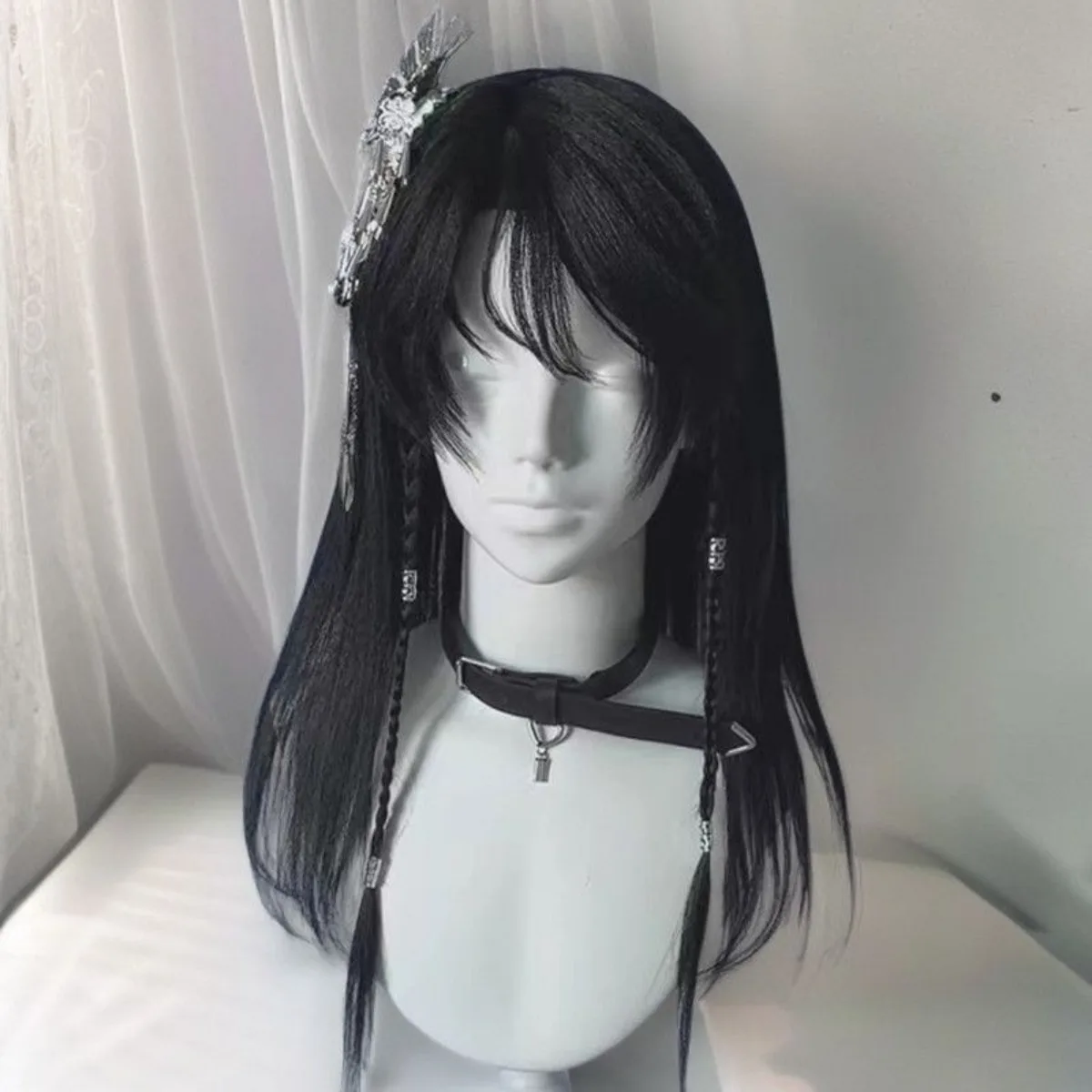 Shen Jianqing Perruque de cosplay de style chinois ancien : cheveux longs et raides avec frange de bande dessinée, casque complet