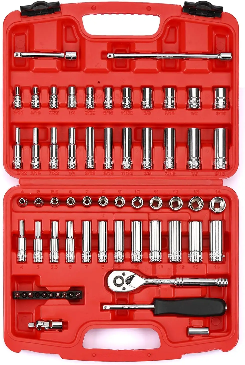 

62-Piece 1/4-Inch Drive Socket Set with Ratchet, Universal Joint, Extensions, SAE/Metric 6-Point, 4-14mm, CR-V