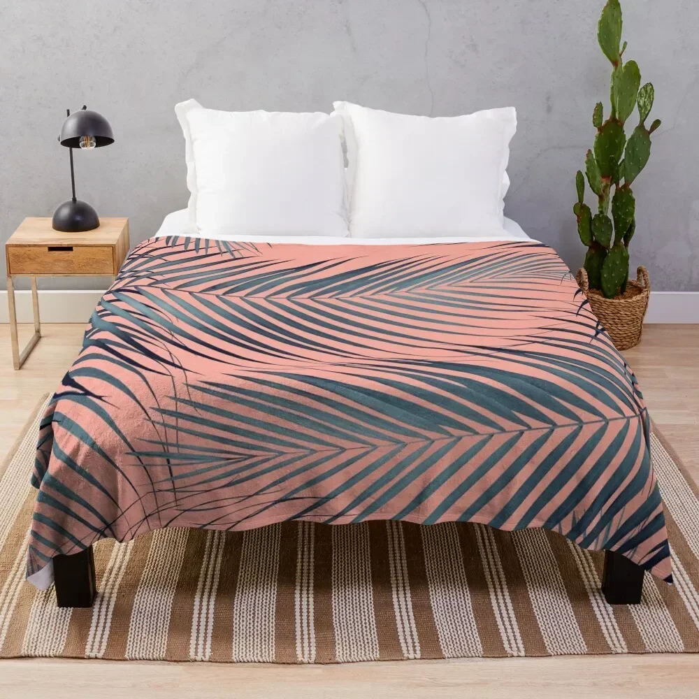 

Blue Palm Leaves on Coral Pink #1 #tropical #decor #art Throw Blanket Hair Sofas christmas decoration Luxury Thicken Blankets