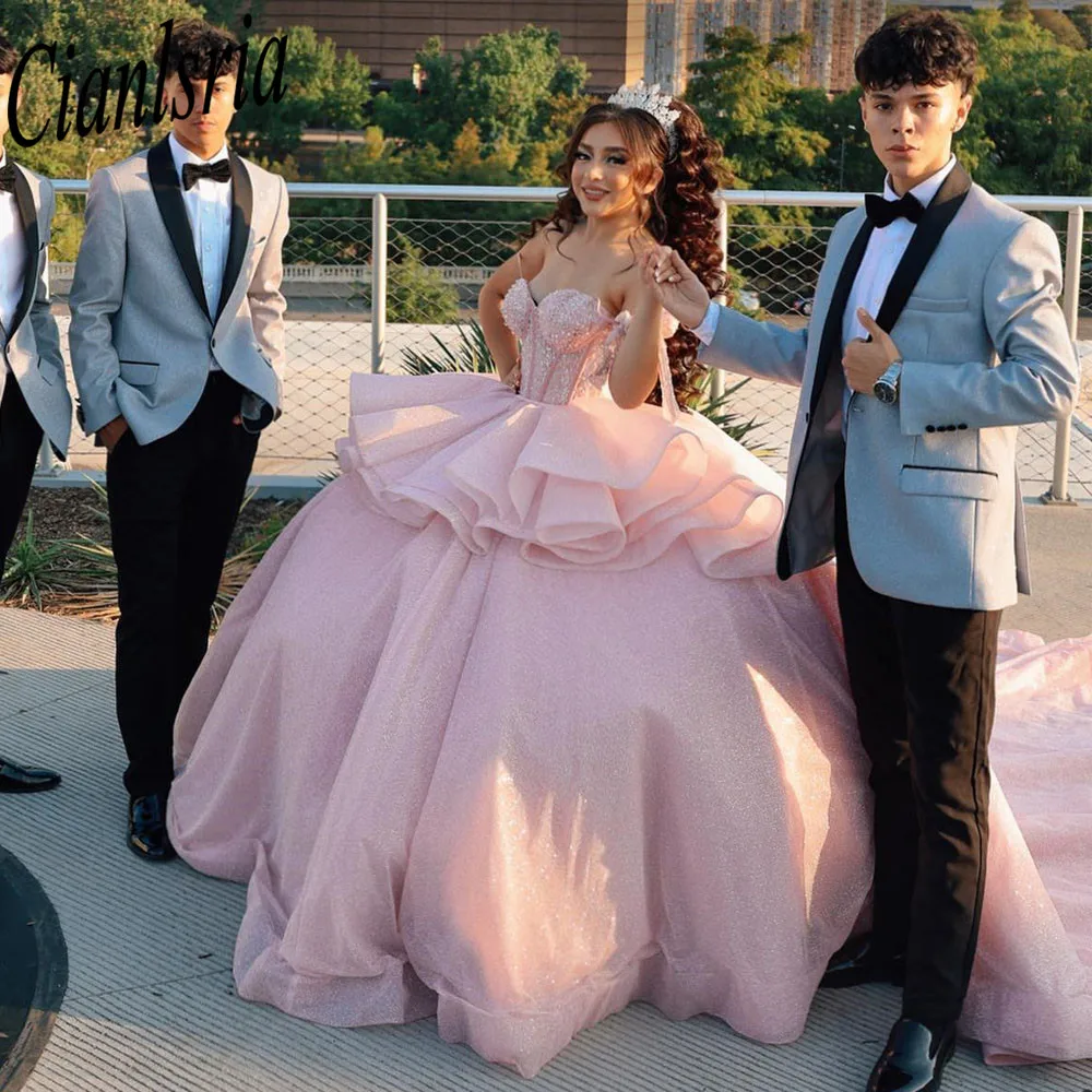 vestidos de xv años Pink  Quinceanera Dresses Beading 3D Flowers Mexican Sixteen Princess Prom Gowns