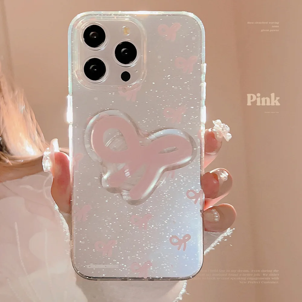 

Simple Fashion Pink Bowkont Case Compatible for IPhone 15 12 13 16 11 Pro Max 16Plus X XS XR Max SE 2020 Glitter Powder Cover ﻿