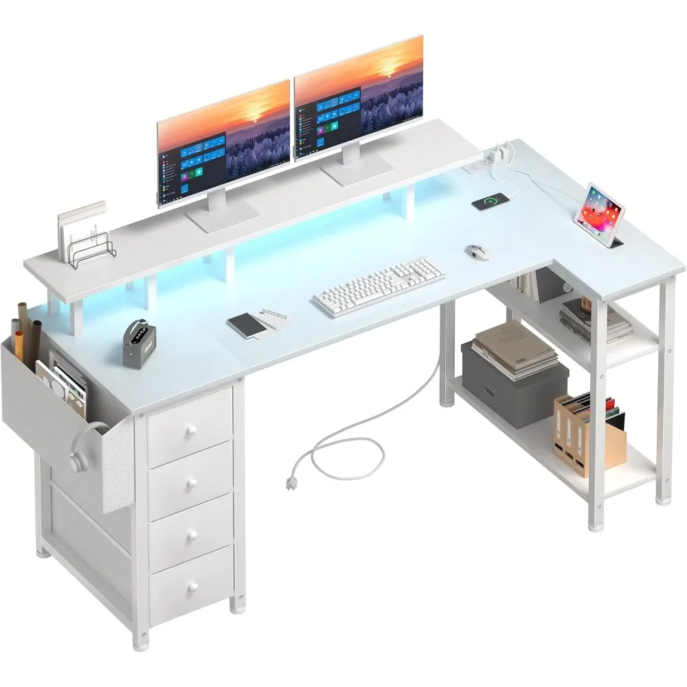 

White L Shaped Computer Desk with Fabric Drawers, 55 Inch Corner Home Office Desk with Monitor Stand Shelves, Writing St