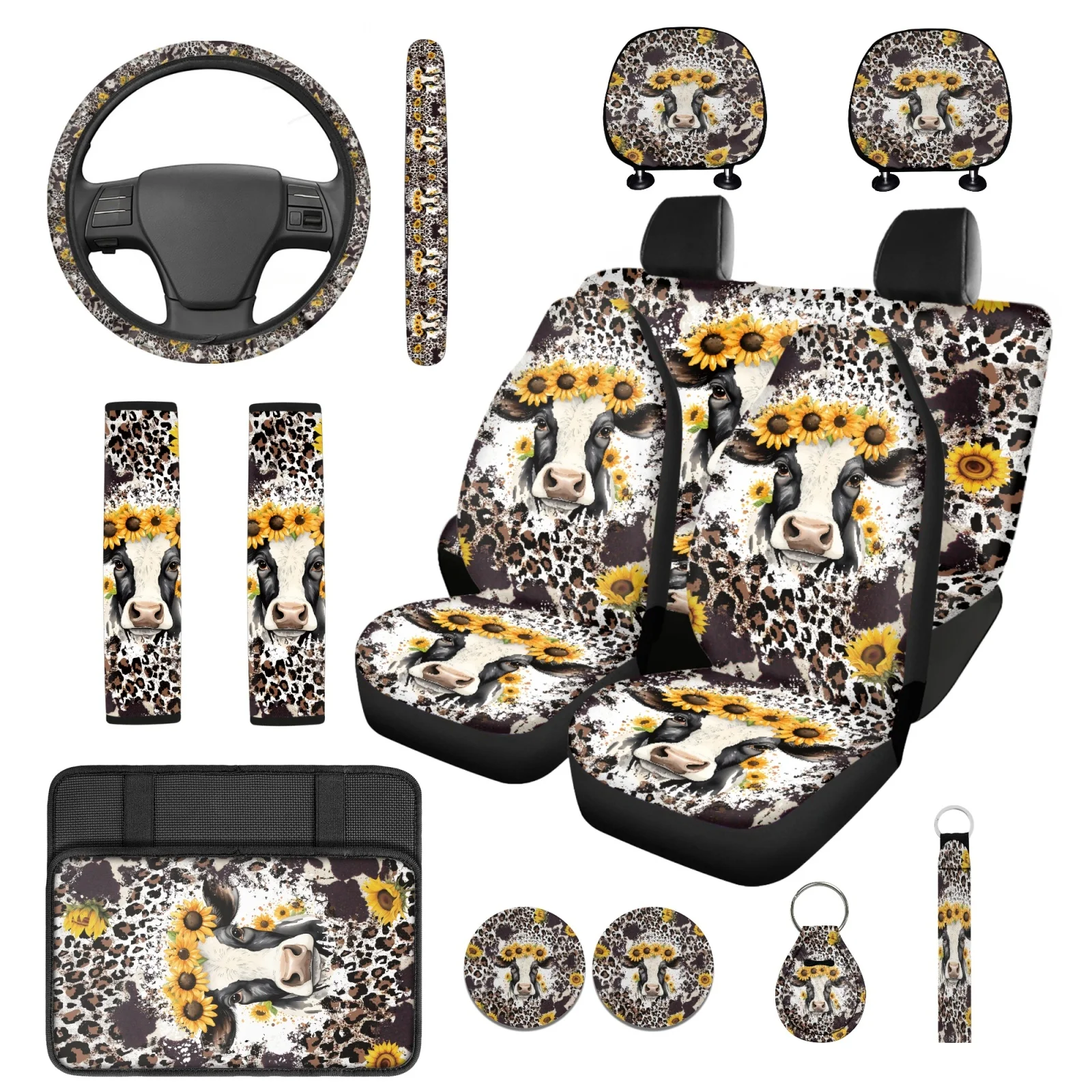 Coloranimal Cow Pattern 14 Pack Car Seat Covers Sets with Comfortable Car Safety Belt Pad and Key Fob for Cars Interior