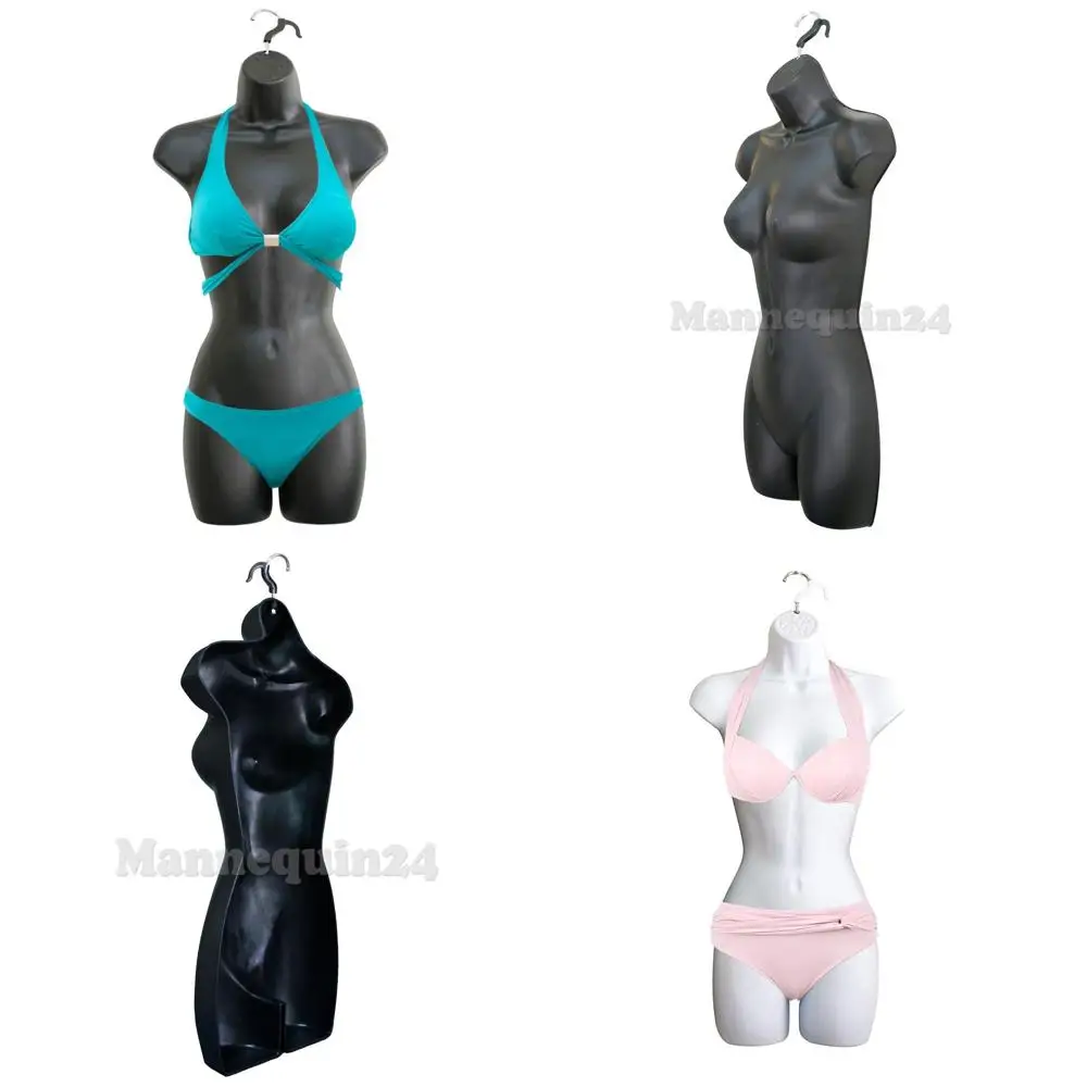 

3-Pack White & Black Female Mannequins for T-Shirt Display, Hanging, Photos, and Design with Hooks, S-M Sizes