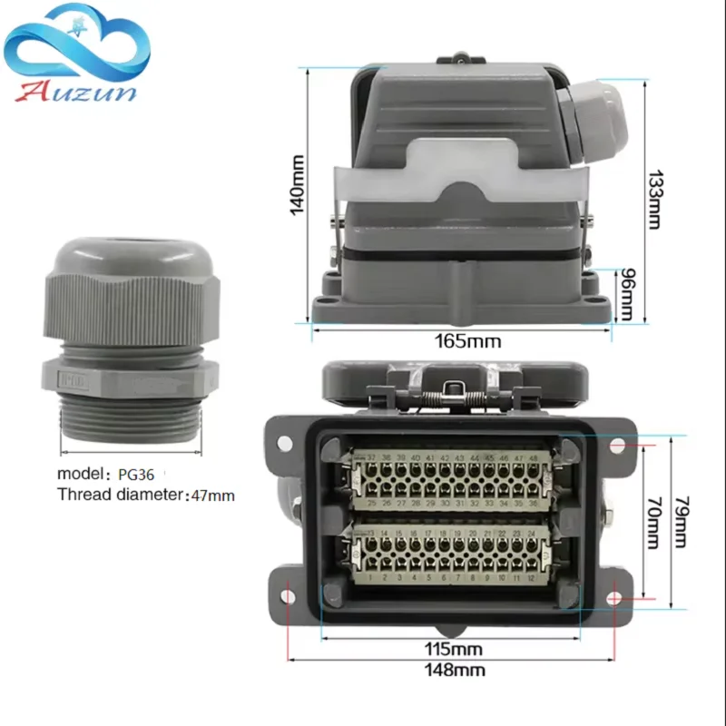 Heavy duty connector 48 core HDC-HE-048 industrial waterproof rectangular aviation socket 16A Base with cover