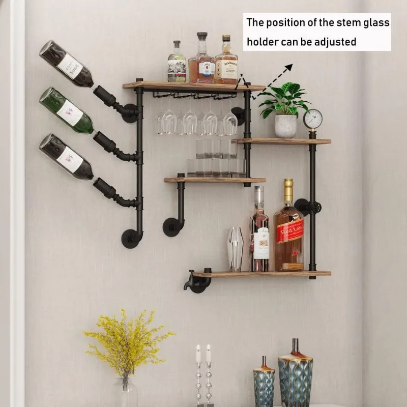 Wall Bar Shelves Industrial Pipe Shelving with 4 Stem Glass Holder, 4-Tiers Rustic Floating Wine Rack Wall Mounted Bar liquor Sh