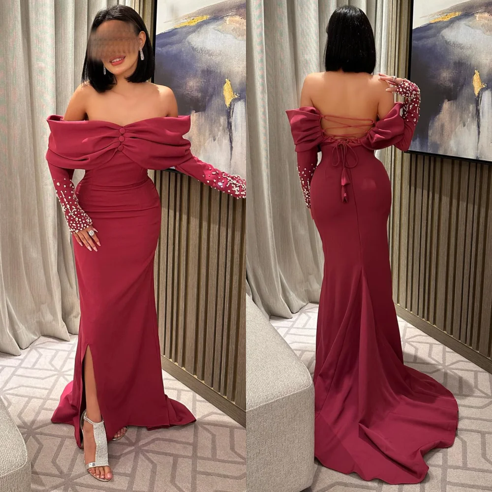 

Evening Satin Beading Button Graduation A-line Off-the-shoulder Bespoke Occasion Gown Long Dresses Saudi Arabia