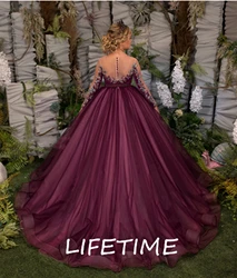 Burgundy Tulle Velvet Flower Girl Dresses Long Sleeve Princess Girl Wedding Party Gown First Communion Dress Girl Size 1-16Y
