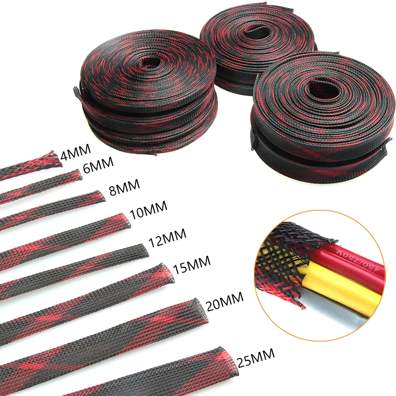 5M Cable Braid Insulated Cable Sleeve Red&Black PET Expandable Braided Sleeving Cable Wire Protector 2/4/6/8/10/12/15/20/25mm