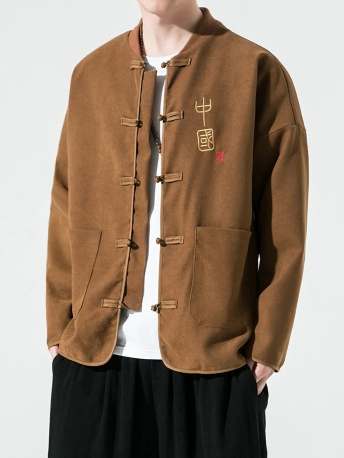 

Youthful Embroidered Jaet Men's Loose Fit Stand Collar Chinese Sle Spring Autumn Outerwear Trendy Brand Large Size Coat