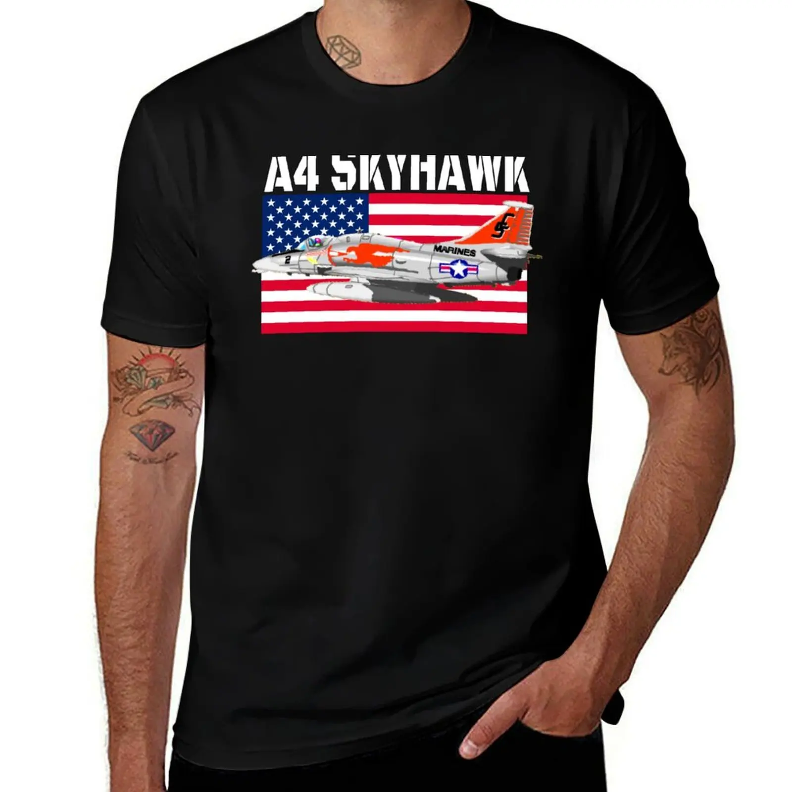 Marine Corps A-4 Skyhawk and the American flag. Fun pilot and aircraft T-Shirt Basic Regular Fit Casual T-Shirt