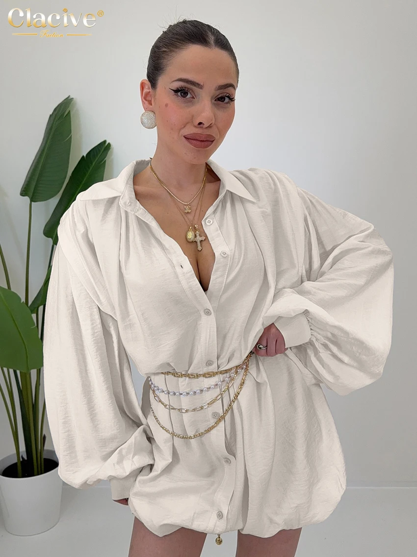 

Clacive Fashion Loose Apricot Women's Dress 2026 Spring Lapel Long Sleeve Mini Dresses Lady Elegant Classic Pleated Female Dress