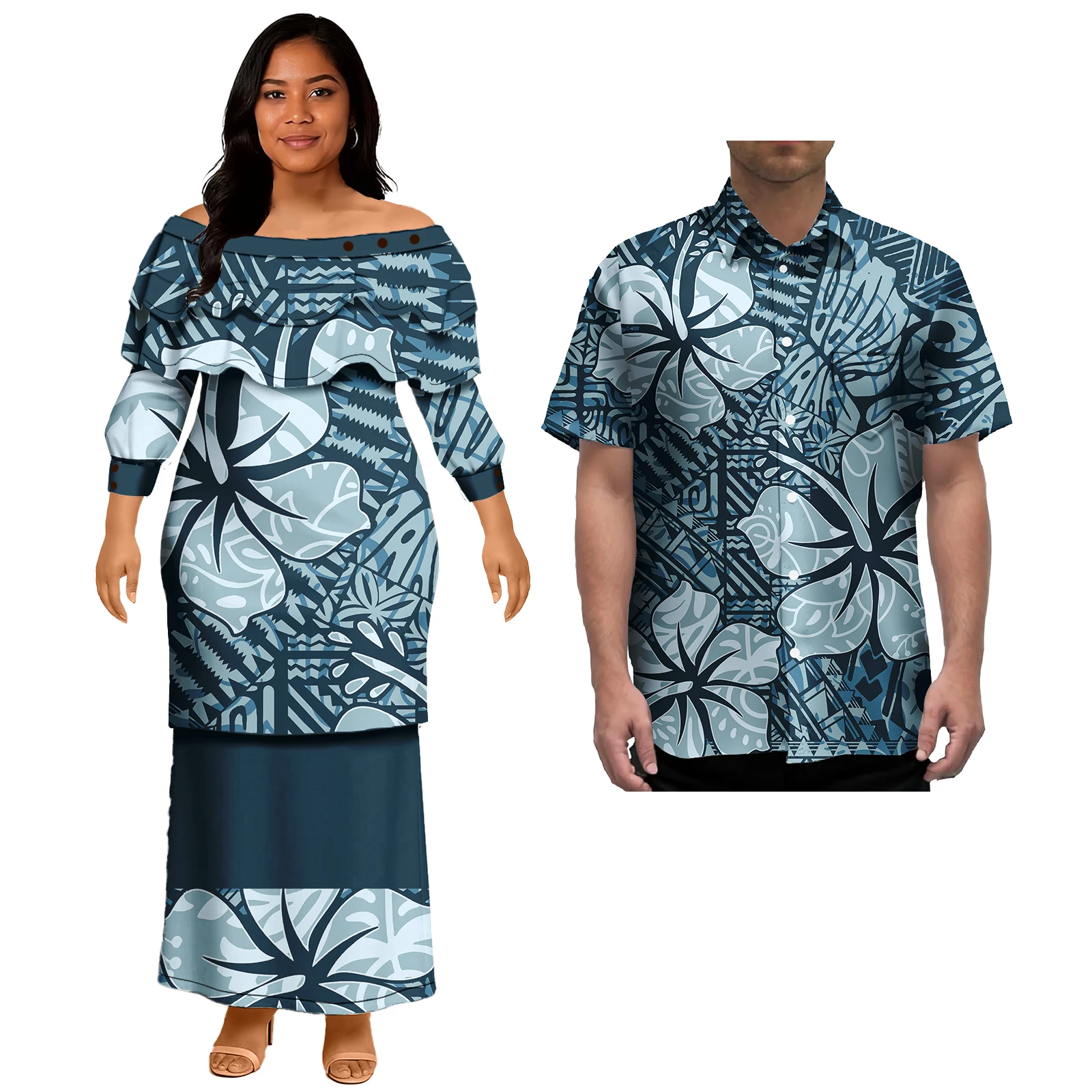 คู่ชุดสุภาพสตรีชุดราตรี Polynesian รูปแบบคลาสสิก Mens เสื้อฮาวาย Match ผู้หญิง PLUS ขนาดกระโปรง