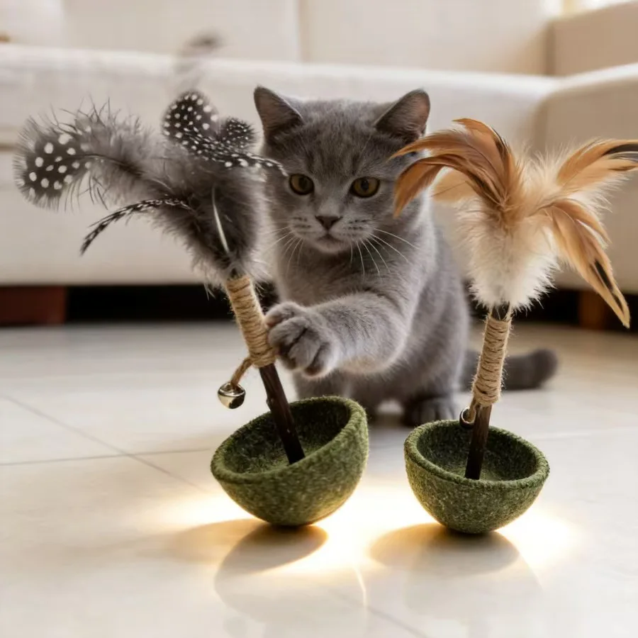 Catnip Tumbler Cat Toy Wooden Feather Teaser Stick with Bell Natural Matatabi Chew Toy Self Play Relief Boredom Interactive Kitt