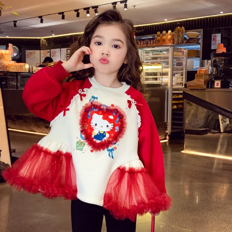 HelloKitty سترة مبطنة بالصوف 2025 جديد الشتاء الأطفال الكورية نمط الكرتون راجلان كم الفتيات شبكة المرقعة البلوز