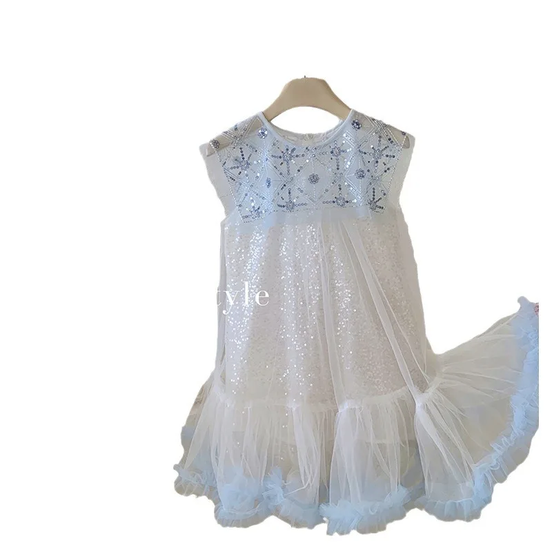 Girls Dress 2024 Summer New Blue Dress Birthday Dress Princess Skirt Baby Girl Sweet Cute Gentle Clothes