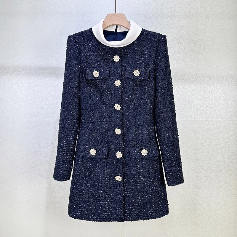 

Качественные осенне-зимние короткие твидовые платья женские с длинным рукавом однобортные золотые пуговицы с белым воротником мини-платье-футляр бренд