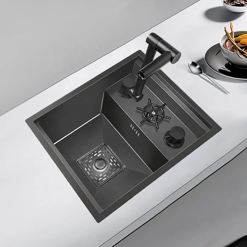 Black Stainless Steel Hidden Kitchen Sink Handmade Portable Sink Small Size Concealed Balcony Sink with Faucet Cup Washer