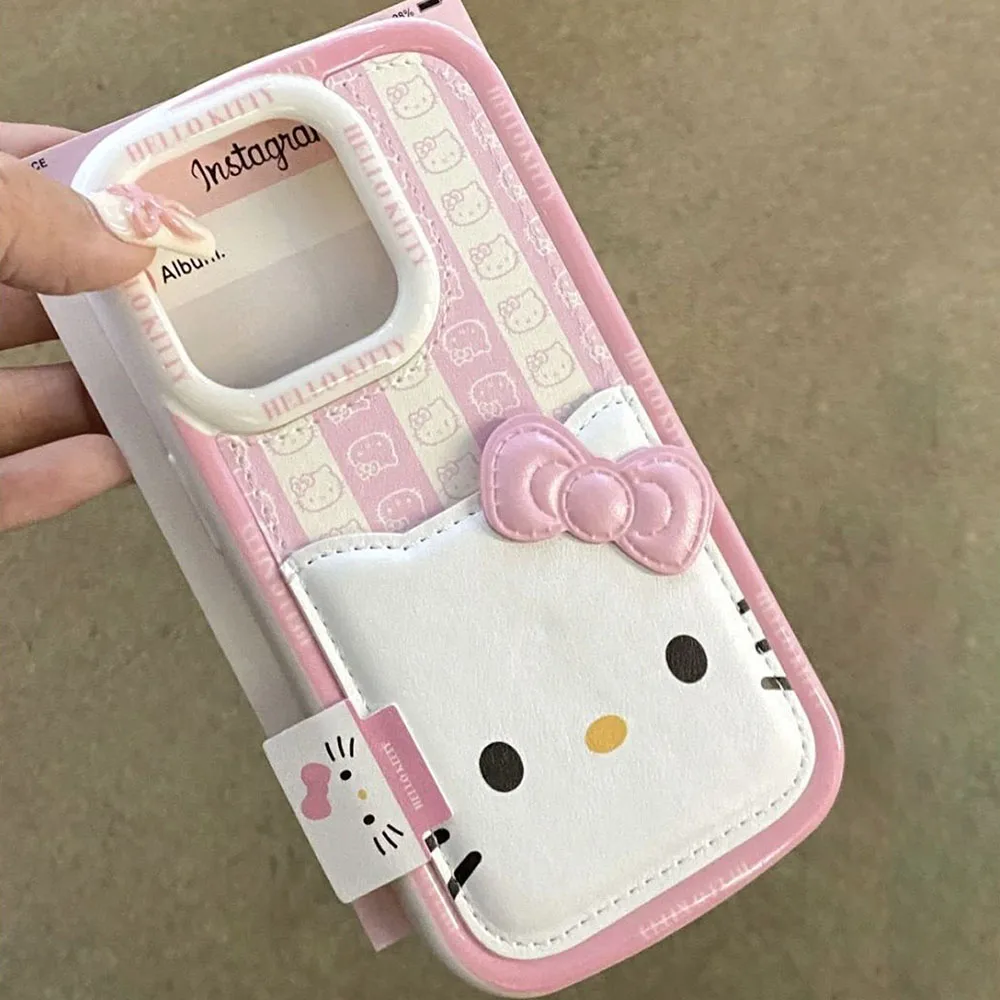 Kawaii Hello Kitty Iphone 15Promax Phone Case 14 13Pro Silica Gel 12 with Card Sleeve Cartoon Girl's Heart Phone Case Small Gift