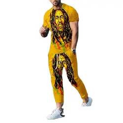 Conjunto de camiseta e calça Bob Marley masculino, terno fashion masculino, streetwear casual, roupa vintage, roupa de música reggae, verão