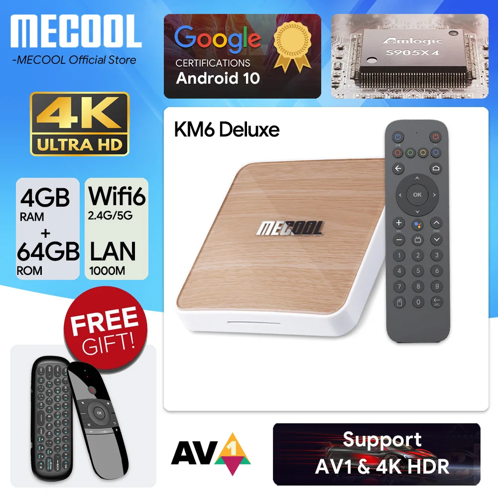 TV Box Android 10 4g 64gb MECOOL KM6 Deluxe Wifi 6 Google Certification 4K Voice Amlogic S905X4 1000M LAN Smart tvbox