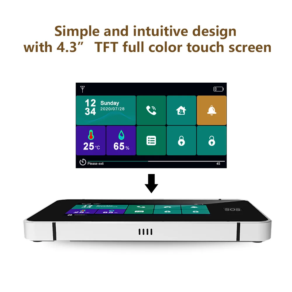 2G/WiFi GSM Tuya Wireless Home Alarm System 4.3-inch Full Touch Screen Alarm Panel SOS Anti-theft Alarm Temperature and Humidity