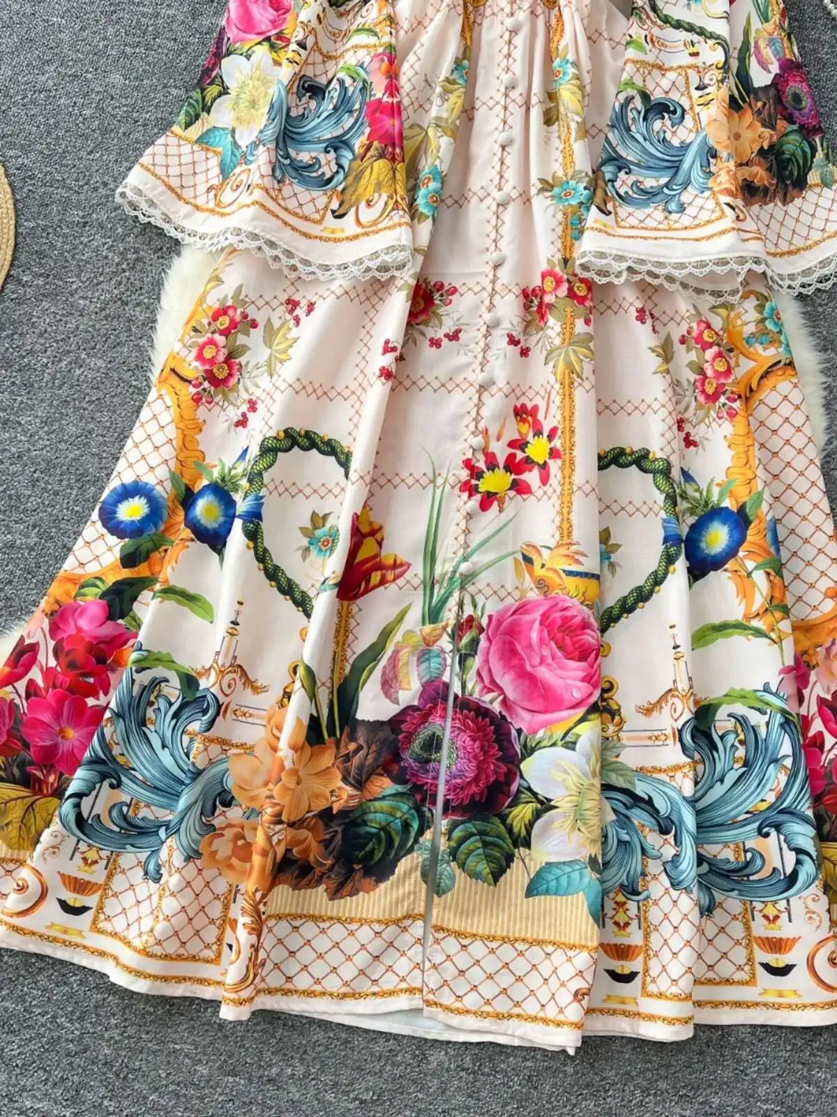 우아한 Ral 긴 맥시 드레스 셔츠 여성 랜턴 전체 슬리브 국립 트렌치 인쇄 싱글 브레스트 레이스 넥 파티 Vestidos