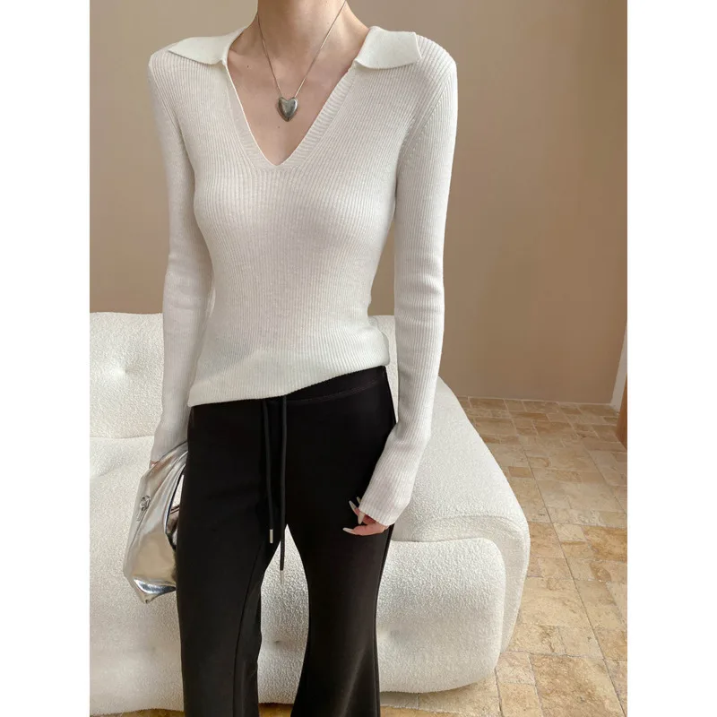 

Autumn Polo V-neck Sweater Women Slim Long Sleeve Soft Elegant Knitwear Basic Tops