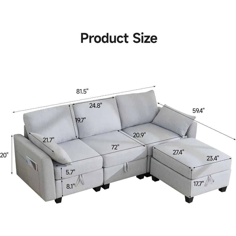 أريكة مقطعية على شكل حرف L قابلة للتحويل بثلاثة مقاعد من قماش الكتان مع مسند متحرك، مثالية للمساحات الصغيرة وغرف المعيشة #2