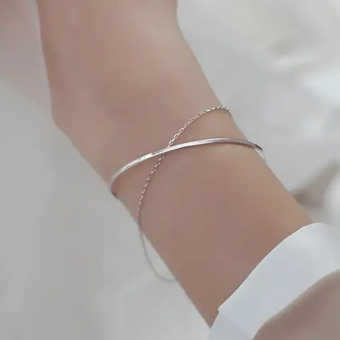 925 Sterling Silver Double-Layer Geometry Bracelets Woman Luxury Designer Jewelry Vintage Korean Wedding Jewellery