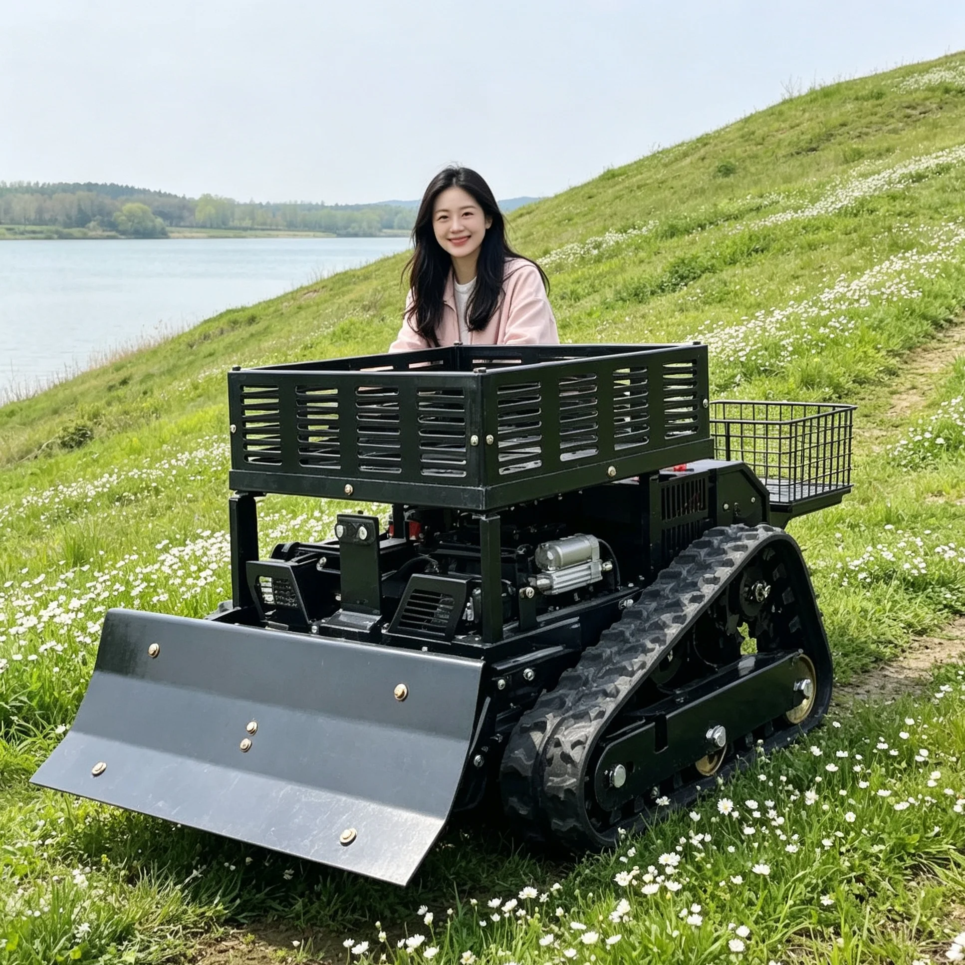 Customized Black 550 Crawler Self Propelled Remote Control Lawn Mower,4‑stroke Engine Mulching Brush Cutter with Cargo Rack & Sn