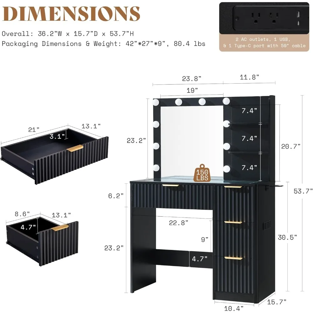 Grande scrivania scanalata a 4 cassetti con piano in vetro, luci a LED e stazione di ricarica per il trucco