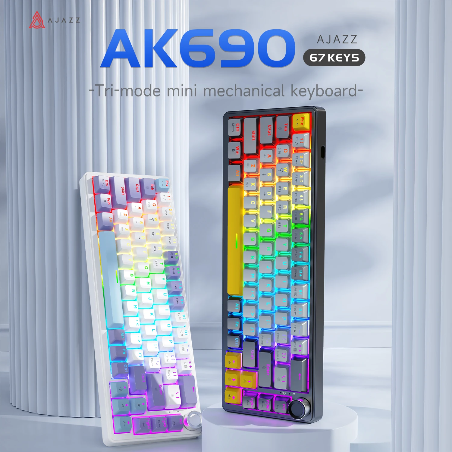 Ajazz AK690 Wireless Gaming Mechanical Keyboard Present Axis Multifunctional Knob RGB DIY 68 Key Layout Tri mode Office Keyboard