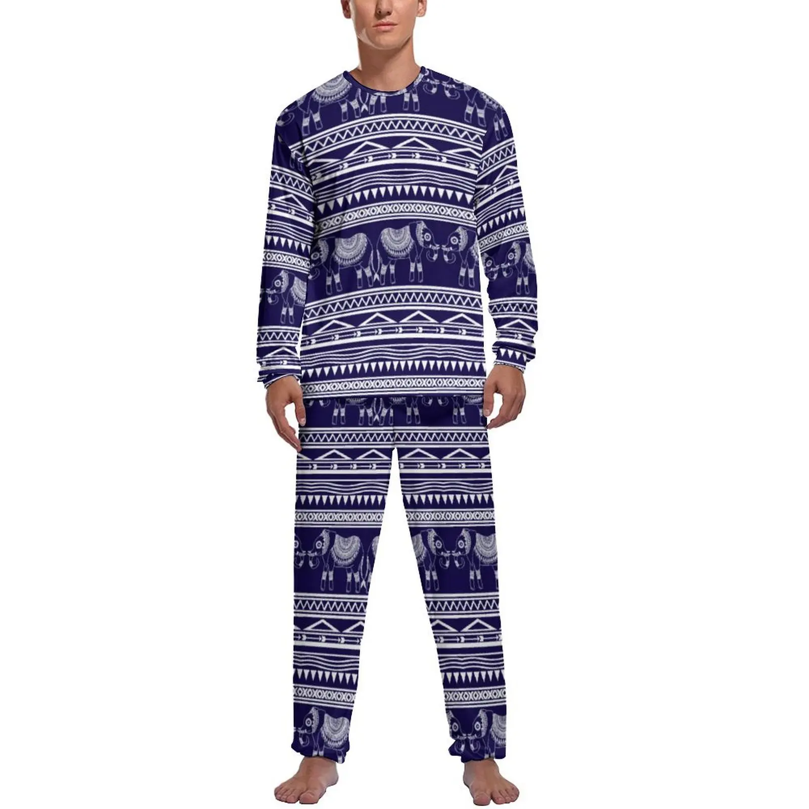 Blue Elephant Pajamas Retro Tribal Animal Men Long Sleeve Cute Pajamas Set Two Piece Room Winter Graphic Nightwear Gift Idea