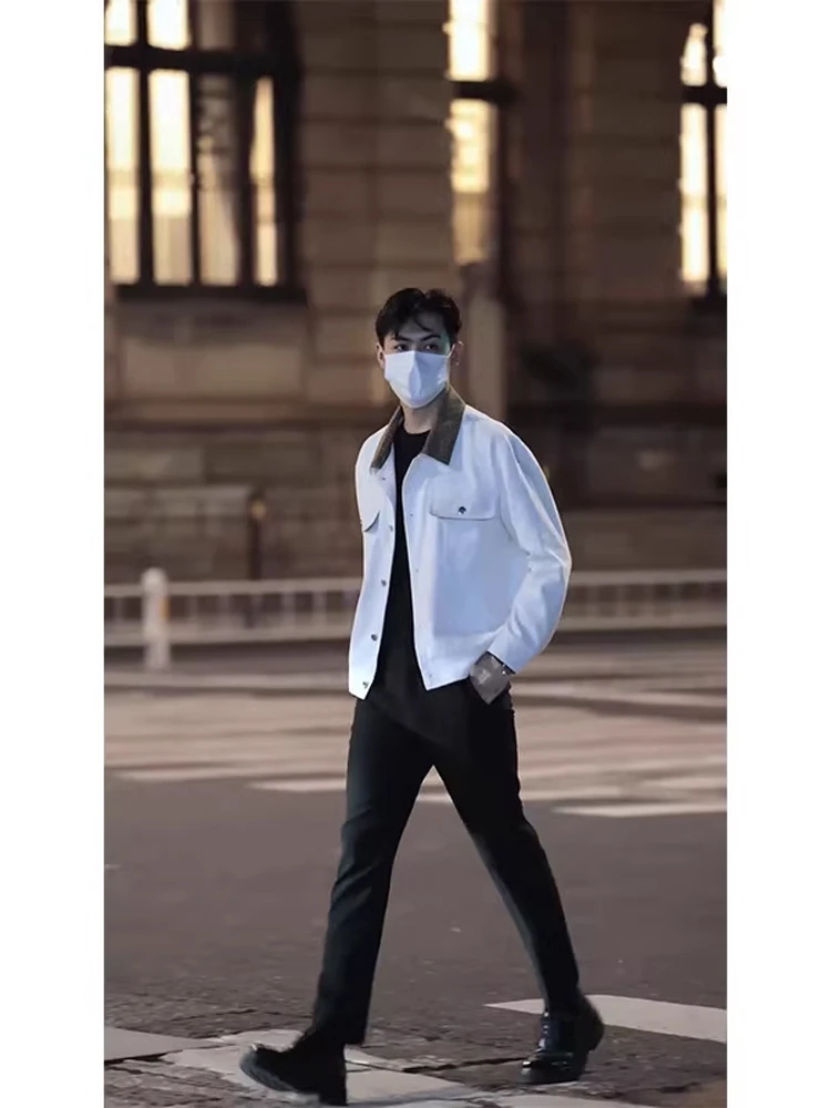 

Casual Spring Autumn Men's Denim Jaet Korean Sle Trendy Collar ort Workwear Top Youth ular Pure Color Single Button