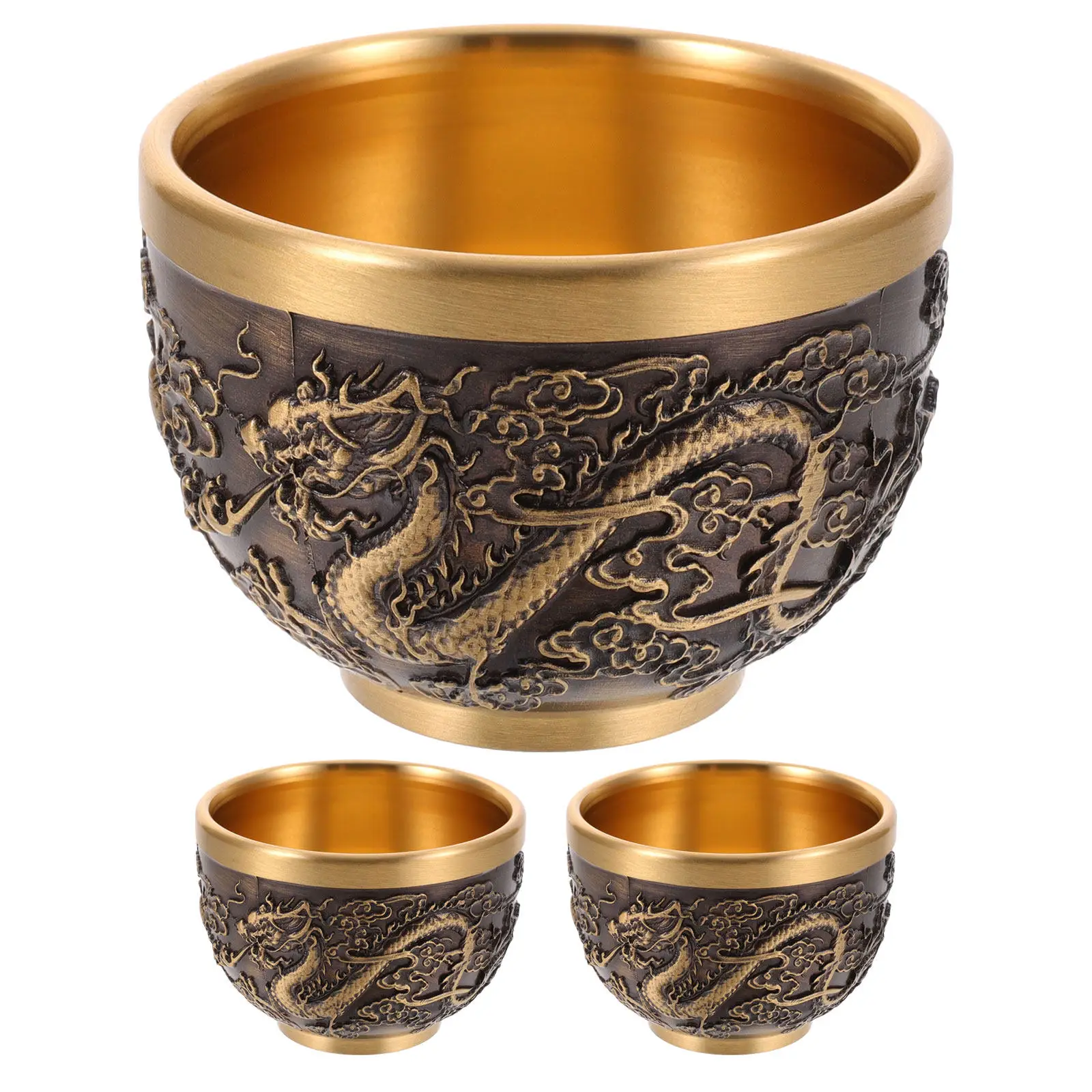 Vintage Brass Tea Cups 3 Piece Embossed Dragon Phoenix Gongfu Teacup Set for Tea Tasting Home Dining