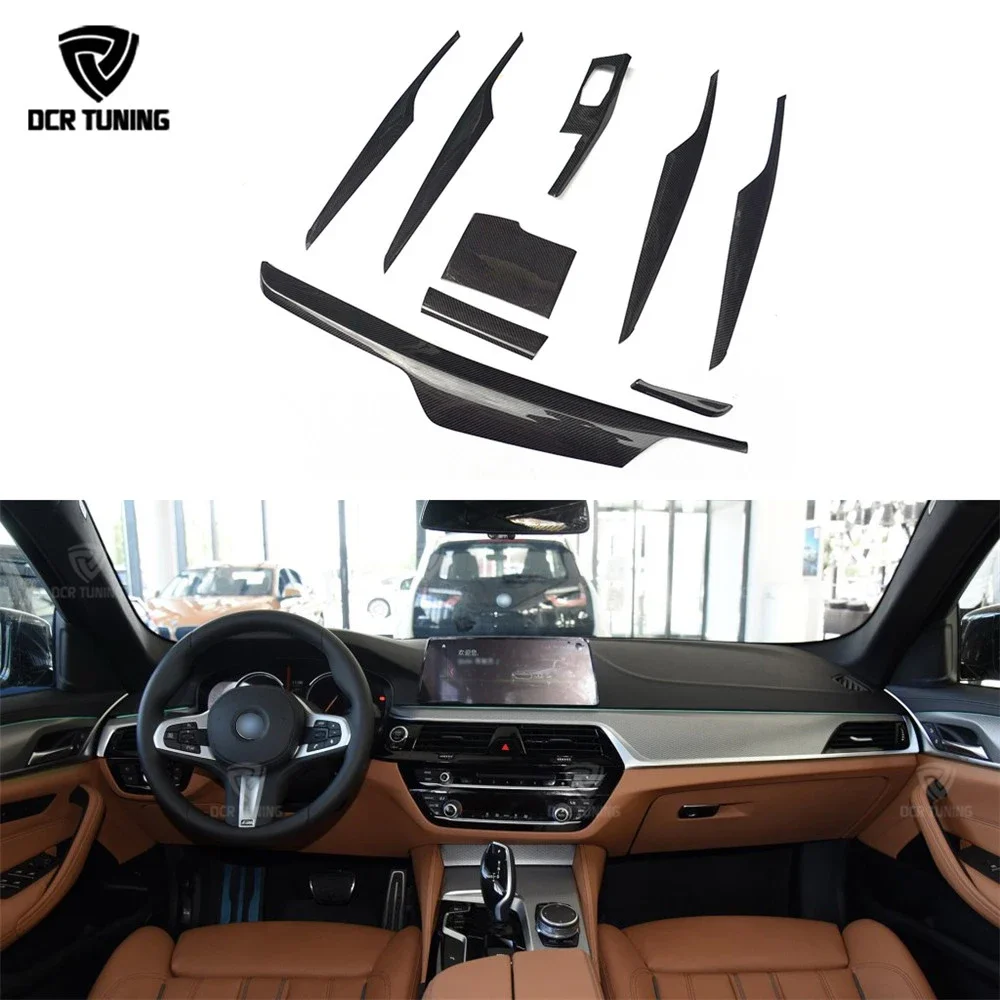 For B-MW 5 Series G30 G38 Carbon Fiber Interior Trim Cover 9 pcs / Set Gloss Black Carbon Trim 2017 + Only Left Hand Drive