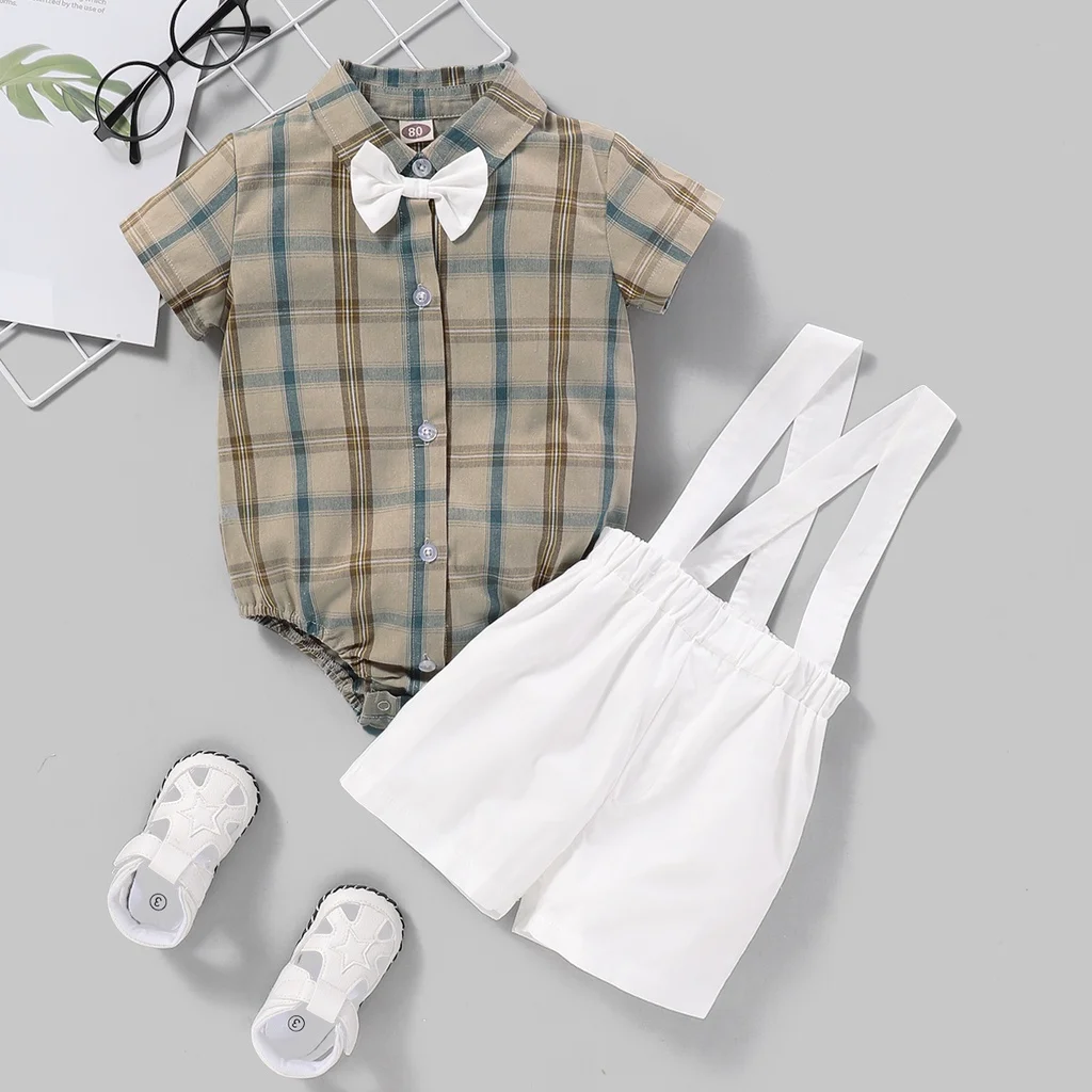 2PCS Clothes Set Newborn Baby Boy Bow Short Sleeve Bodysuit+White Overalls Fashion Gentleman Suit for Toddler Boy 3-24 Months