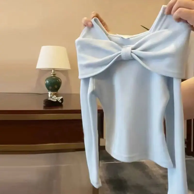 Girls Spring Autumn Long Sleeve T-Shirt Fashion Princess Bow Shoulder Tshirt Korean Versatile Tops Children Fashion Clothes 2-12