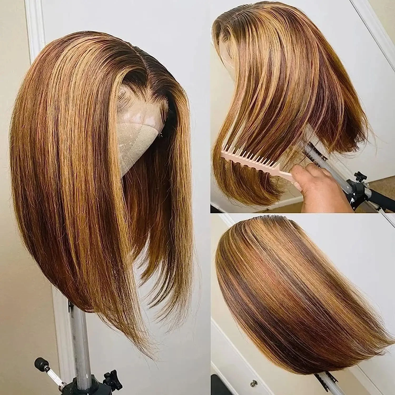 Perruque Bob Lace Front Wig naturelle Remy lisse ombrée, 13x4, 4/27 de densité, pre-plucked, avec reflets, transparente, 100%