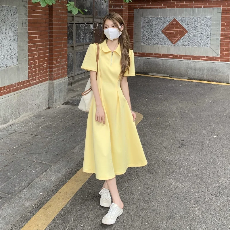 2024French Style Sweet Spicy Polo Collar Dress Women Summer High Quality Soft Waist Slimming Long Dress A- Shaped Summer Fashion